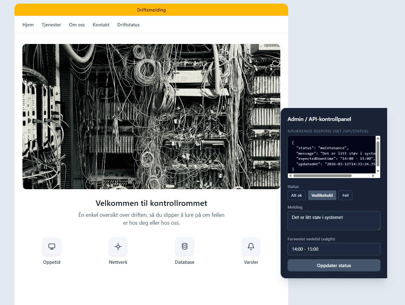 Forsiden med driftstatus-banner